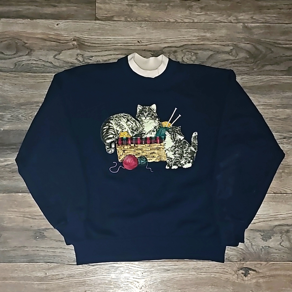 Vintage Gopher Sport cat knit sweater kittens sewing basket grapghic print b32